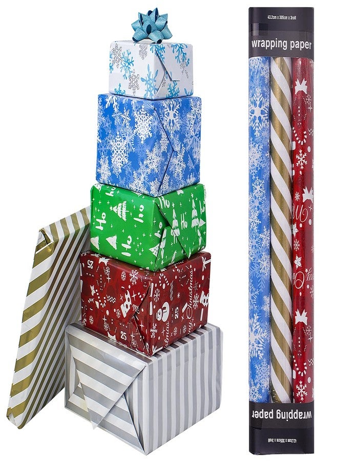 Jaywayang Christmas Reversible Wrapping Paper Rolls -3 Mini Roll - 17 Inch x 120 Inch Per Roll - Christmas Snowman, Snowflake, Golden Stripe - Holiday Presents Wrapping. - Image 1